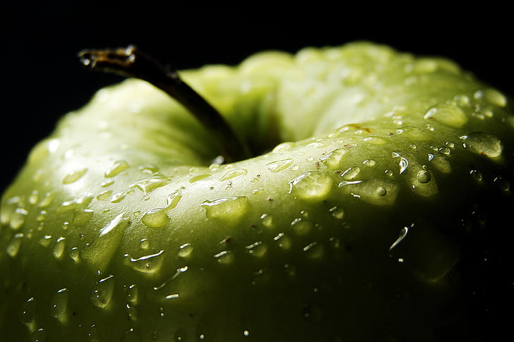 Apple, gotas, verde, frutas, sombra, closeup, macro
