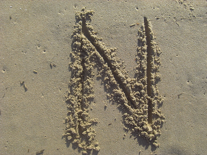 letter n, sand, stick, beach, alphabet