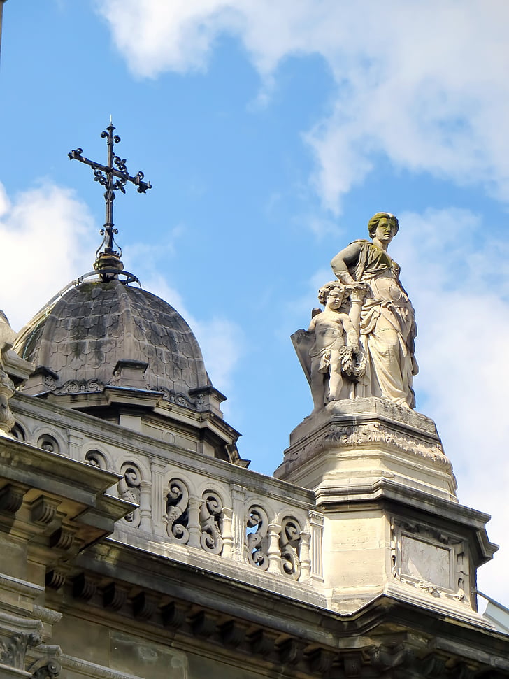 paris, trinity, church, statue, cardinal virtue, dome, facade