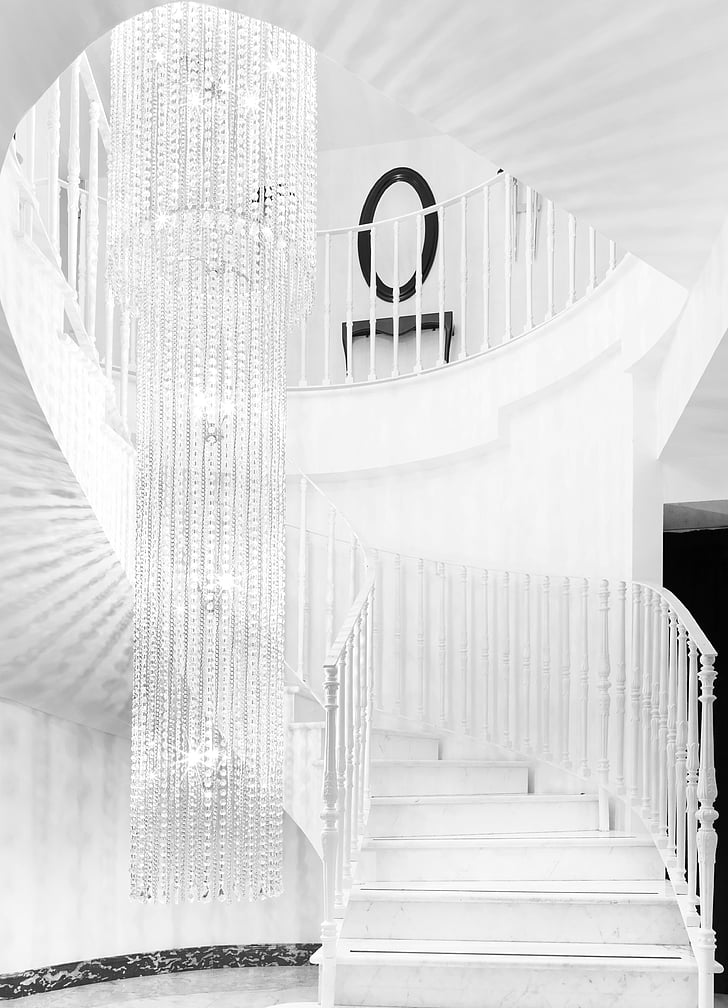 clear, glass, chandelier, beside, white, wooden, stairs