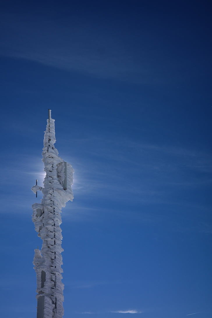 transmission tower, radio tower, iced, snow, frozen, sky, blue