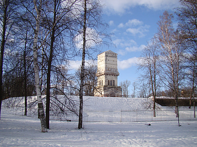 Carskoje selo pils ansamblis, St. petersburg, Krievija, Krievija, ziemas, sniega, debesis, tornis
