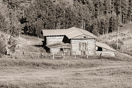 abandoned, barn, cabin, farmhouse, grass, house, mountains