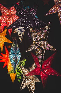 πολύχρωμο, αστέρια, Χριστούγεννα, διακόσμηση, φώτα, σκούρο, διανυκτέρευση