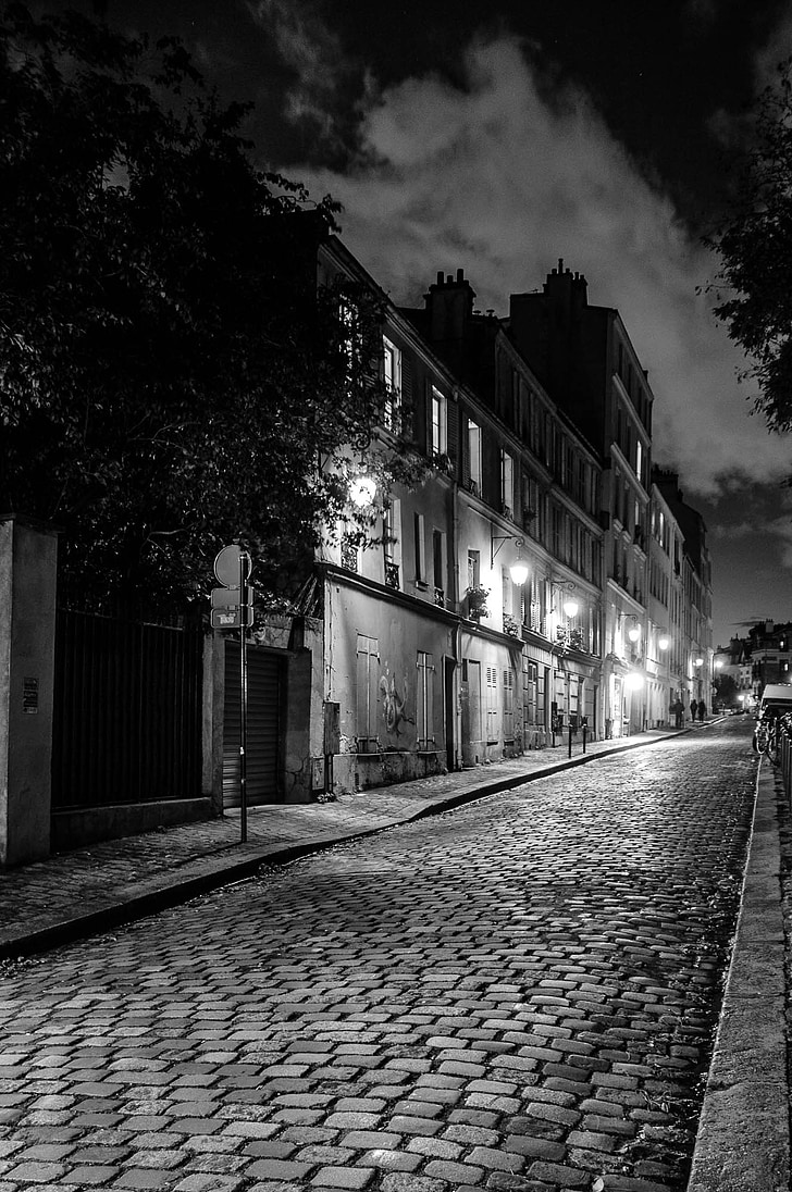 carreró, Parcel·la, cases, estat d'ànim, París, blanc i negre, carrer