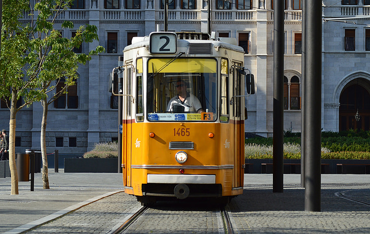 Budapešť, žlutá, tramvaj, Maďarsko, Doprava, Maďarština, Doprava