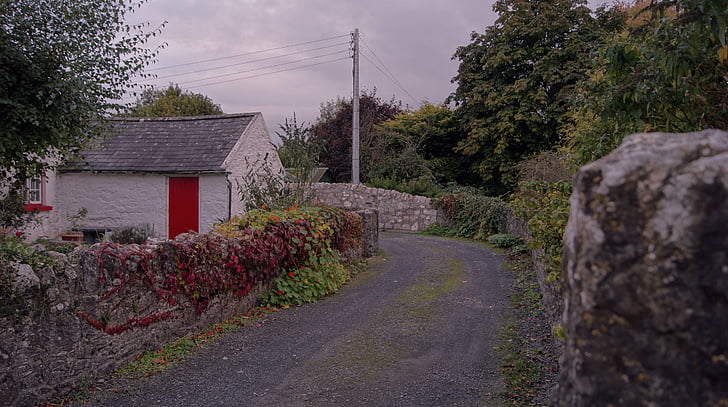Irland, grusväg, stenmur, scen, röda dörren