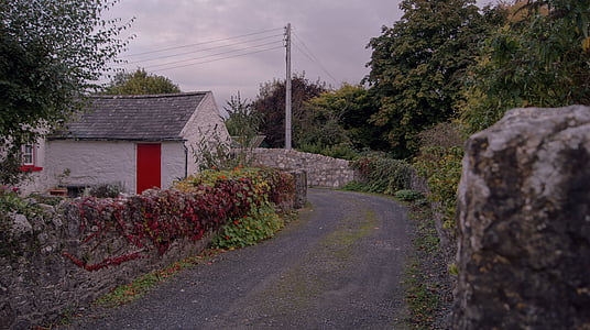 ireland, gravel road, stone wall, scene, red door