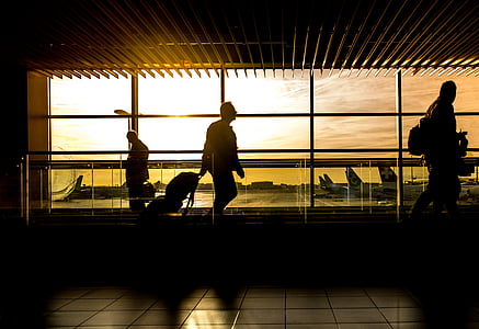 Luchthaven, het platform, Dawn, schemering, binnenshuis, mensen, silhouet