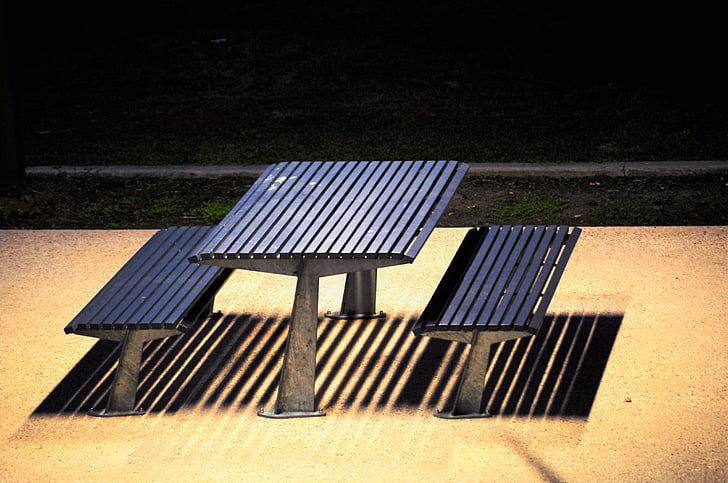 stół, noc, ciemne, Park, krzesła, światło, cienie