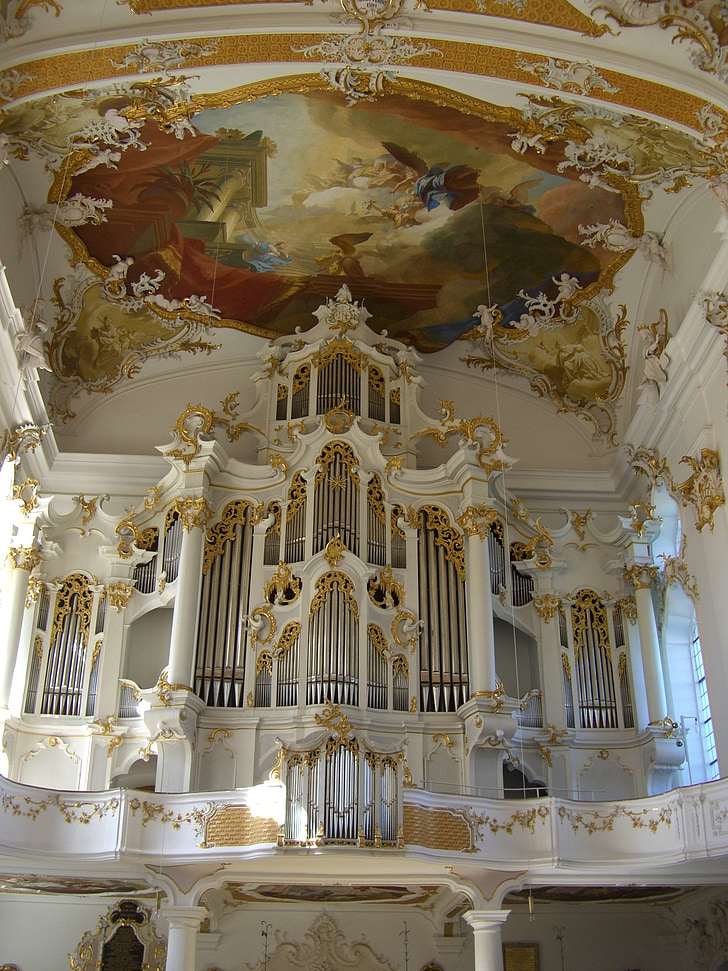 monastery church, roggenburg, swabia, bavaria, organ, gallery