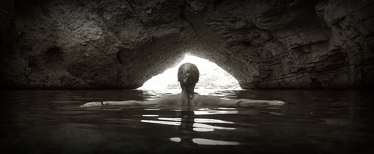 Gruta de, Océano, de la cueva, agua, roca, paisaje, mujer