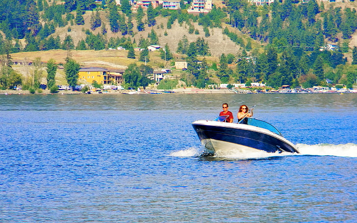 Verão, passeios de barco, Okanagan, férias de verão, água, Columbia, paisagem