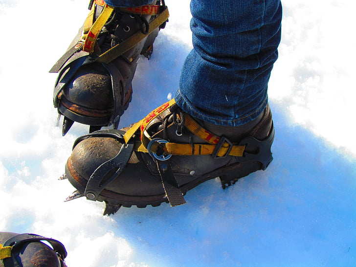 hiking, shoes, ice spikes, glacier, snow, feet, ice cleats