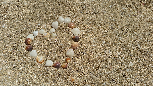 shell, sand, heart, sea, holiday, beach, nature