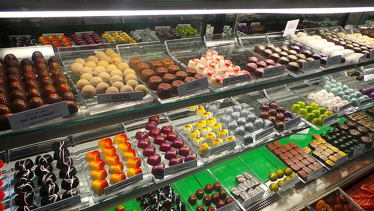 candies, store, merchant, display, case, sweets, tasty