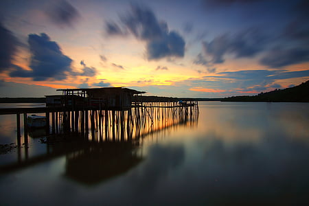 beach, boardwalk, bridge, clouds, dawn, dock, dusk