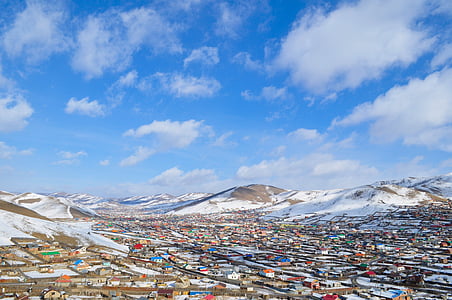 předměstí, Mongolsko, Ulaanbaatar, modrá, zdola, mraky, obloha