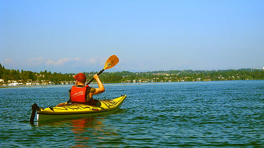 hombre, kayak, cuerpo, agua, kayak, Lago, sol