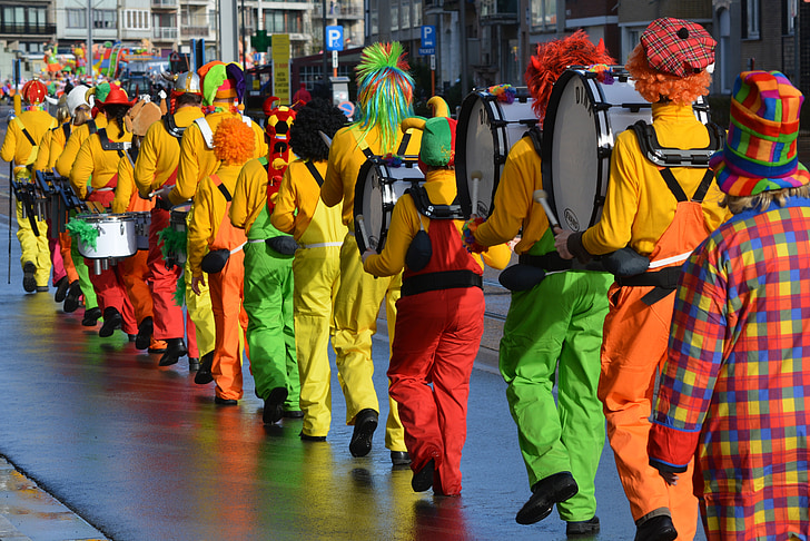 karneval, maske, drakt, folk, kle seg, prosesjon, farger