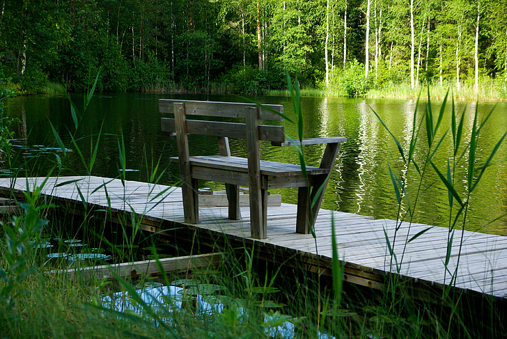 finland, lake, bench, solitude, forest, nature, outdoors