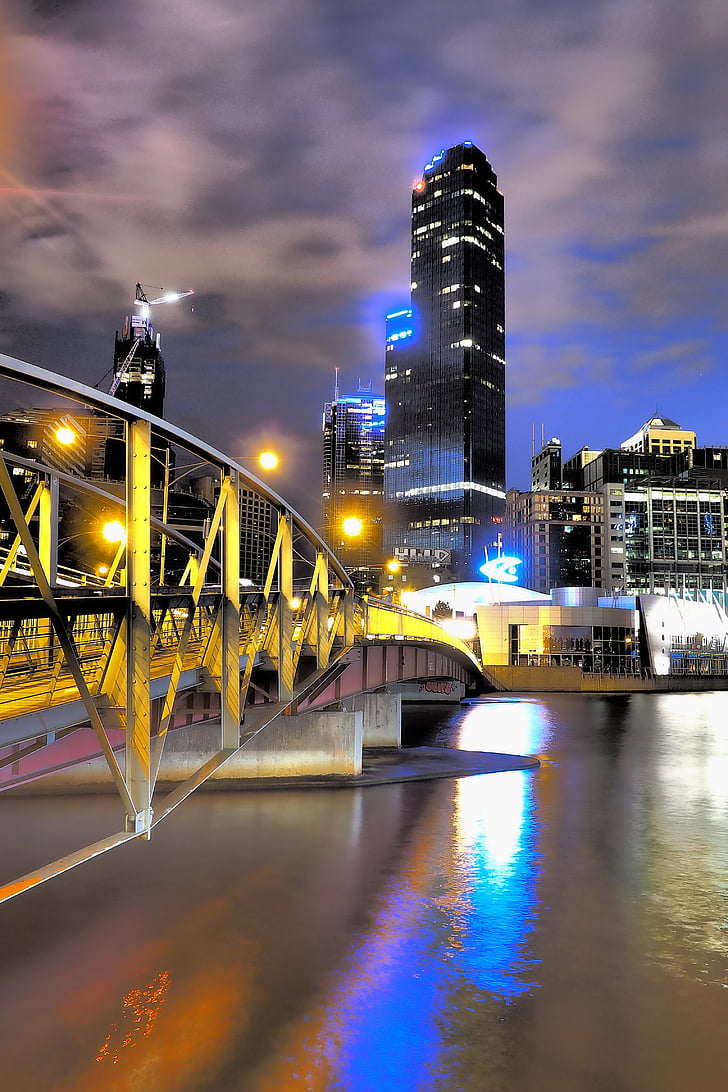 Melbourne, City, jõgi, öö, linna areenil, linnaruumi, arhitektuur