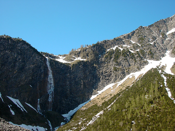 bergaichtwasserfall, awaria Rock, gruzu kar, Old śniegiem polami, Tannheim, Tyrol