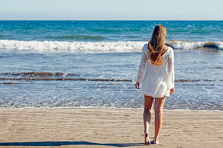 young woman, woman, sea, ocean, white dress, beach, wedding