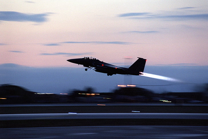Jet, combatiente de la, avión, avión, militar, silueta, puesta de sol