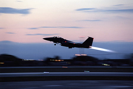 Jet, võitleja, õhusõiduki, lennuk, sõjalise, siluett, Sunset