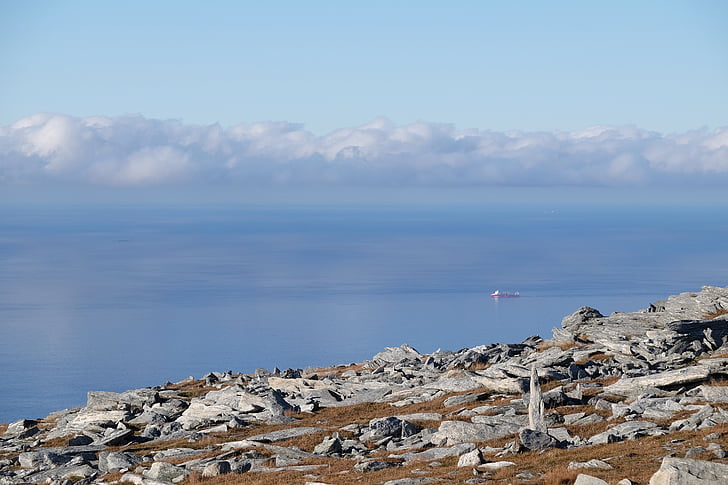 clouds, sky, ocean, sea, ship, rocks, nature