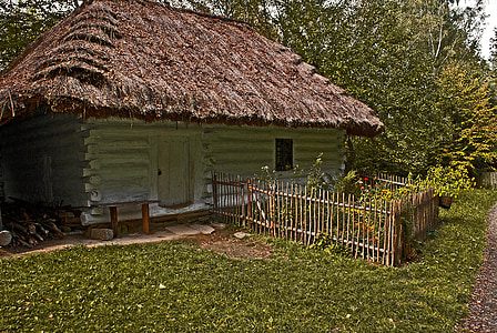 casa de campo, velho, casa de madeira, o telhado da, palha, a porta, janela