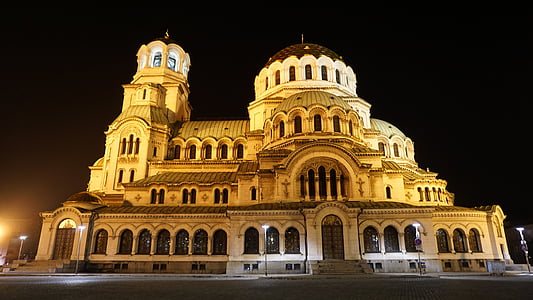 Sofia, Bulgarien, Domkyrkan, natt, ortodoxa, kristna, arkitektur