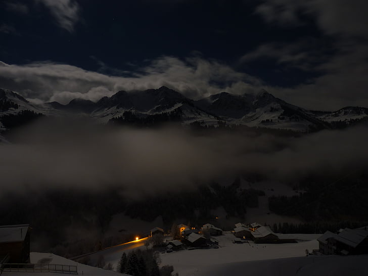 nacht, landschap, Bergen, Alpine, sneeuw, winter, maanlicht