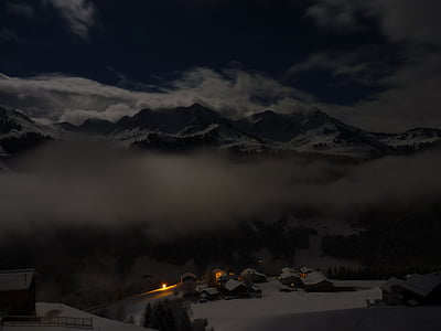 naktī, ainava, kalni, Alpu, sniega, ziemas, mēness gaisma