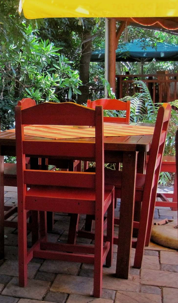 taula, cadires, fusta, vermell, pavimentació, para-sol, groc