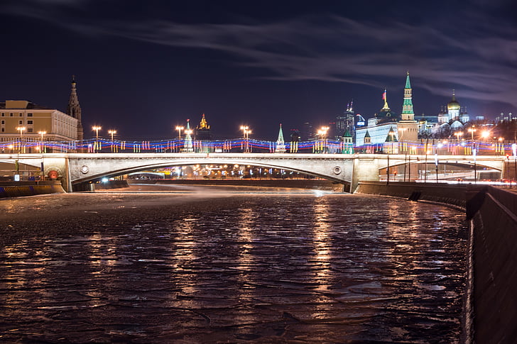 bridge, the kremlin, winter, river, night, landscape, the moscow river
