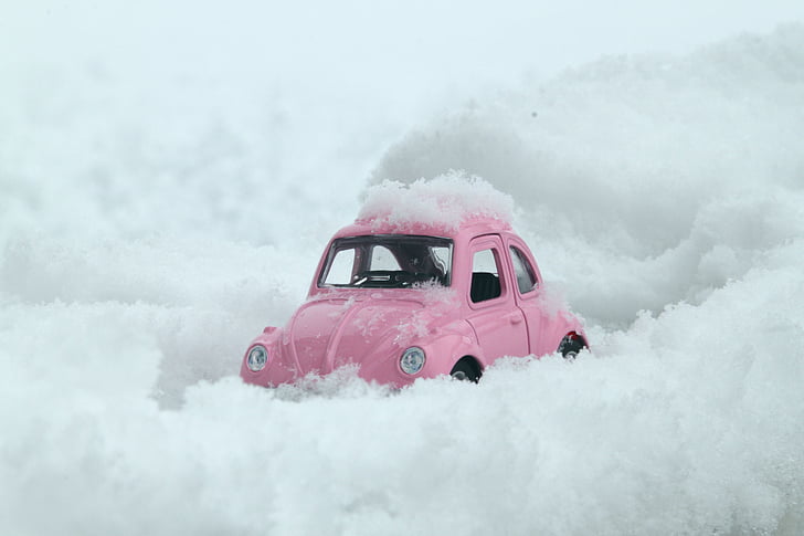 bug, vw, car, pink, snow, snowy road, winter