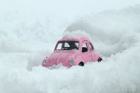 Bug, VW, carro, -de-rosa, neve, estrada Nevada, Inverno
