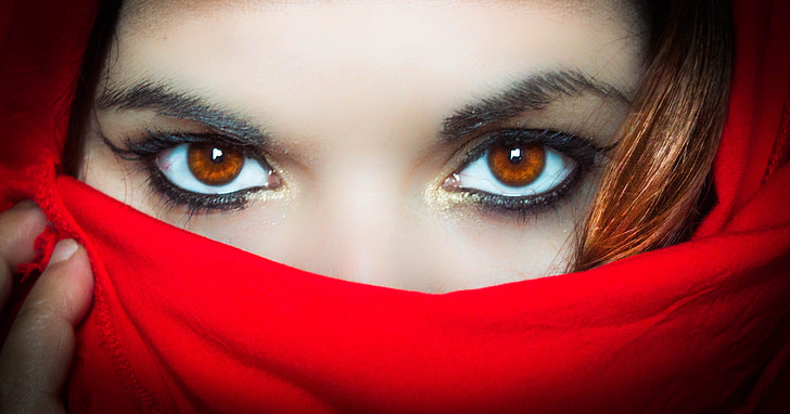 portrait, look, red, scarf, mystery, hidden, eyes