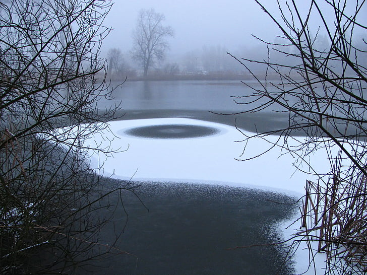 pond, winter, ice, icy, fog, foggy, blue hour