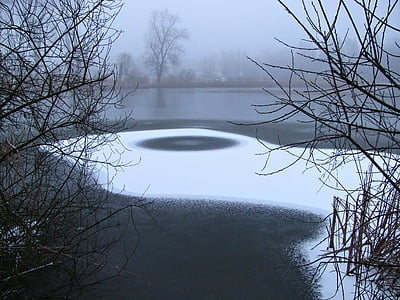 rybník, Zimní, LED, ledové, mlha, mlha, modrá hodina