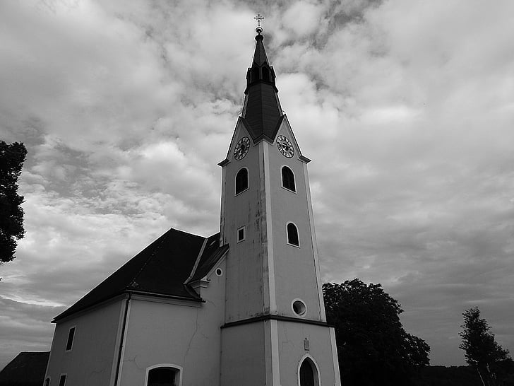 church, steeple, catholic, clock tower, black and white