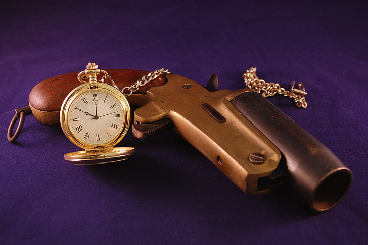 laikrodis, pistoletas, senas, scena, kišeninio laikrodžio