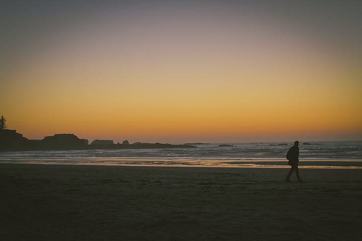 osoba, hodanje, Obala, sumrak, plaža, oceana, zalazak sunca