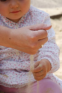 hånd, sand, erfaring, stranden, Sommer, barn, barns hånd