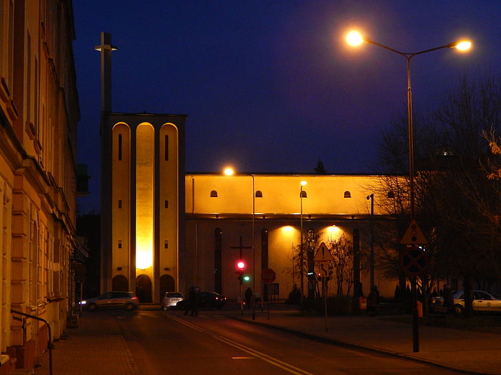church, white church, street, evening