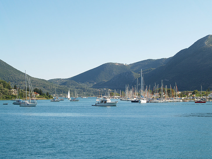 Port, more, Hills, Grécko, modrá, loď