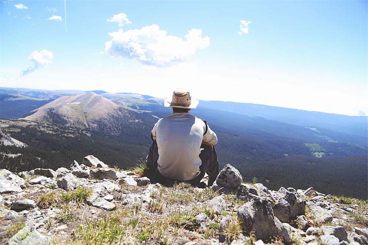 man, wearing, sun, hat, facing, mountain, hiking