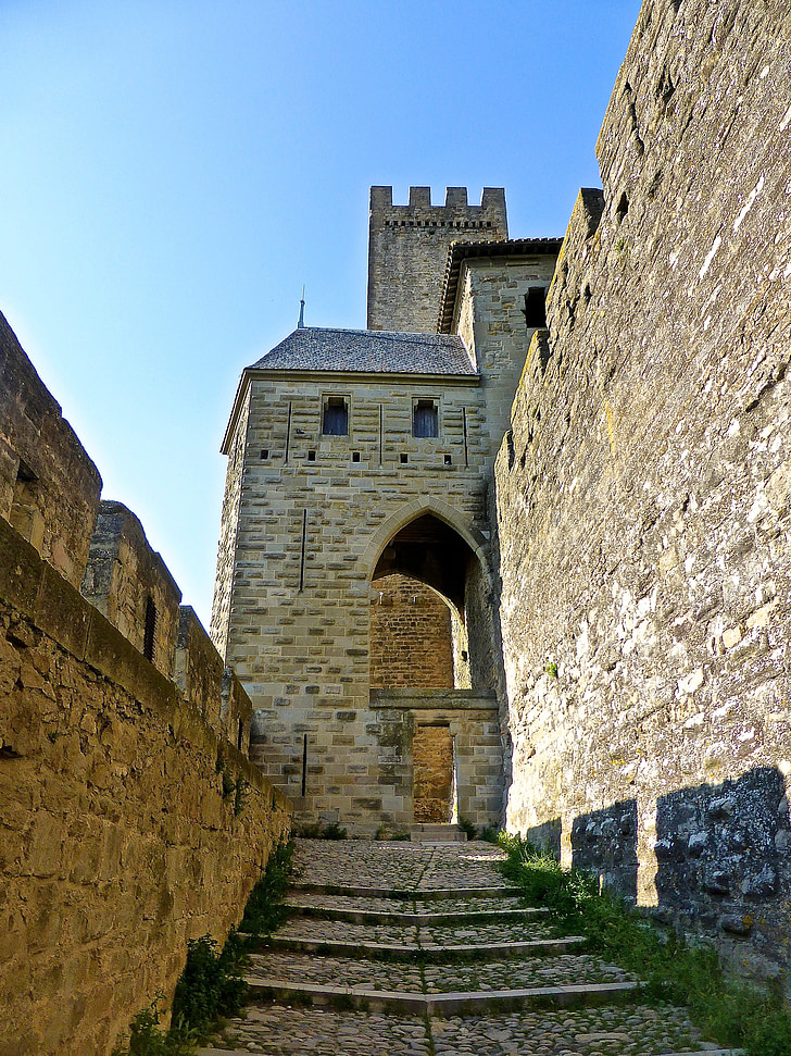 замък, стълби, вход, средновековна, стена, стълбище, перспектива